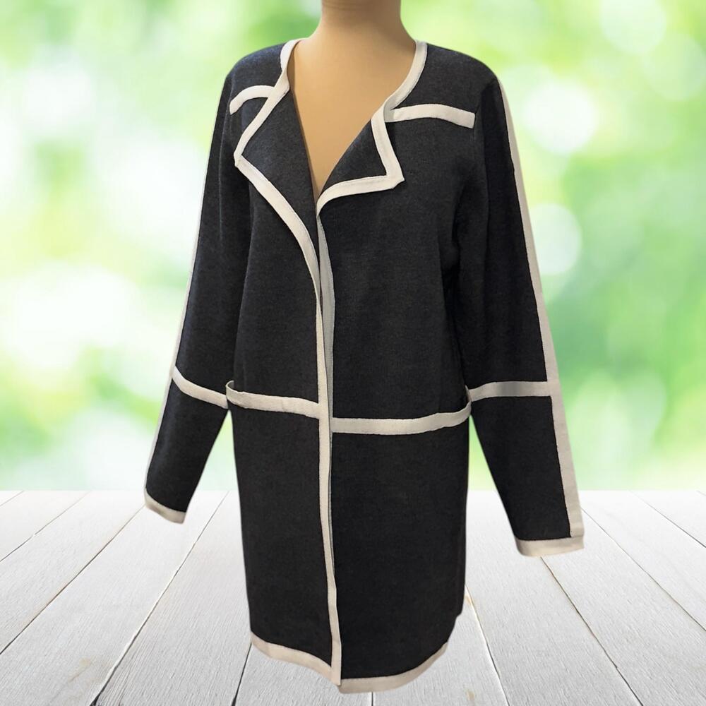 LUII Anthropologie Knit Coatigan Open Front Contrast Trim Windowpane Gray Size M